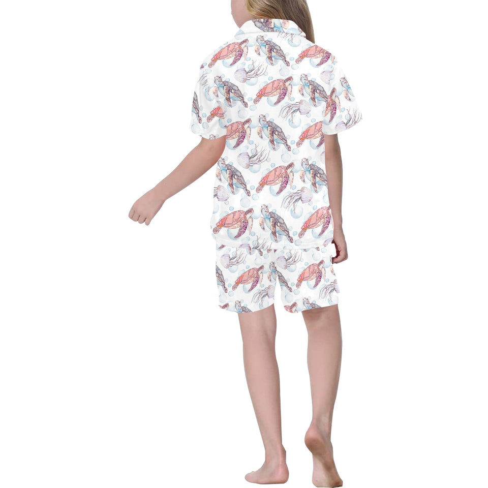 Watercolor sea turtle jellyfish pattern Kids' Boys' Girls' V-Neck Short Pajama Set