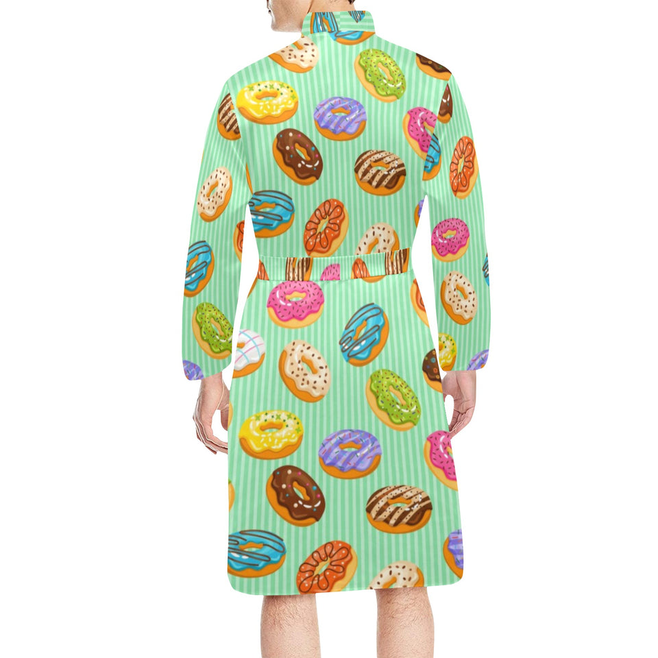 Colorful donut pattern green background Men's Long Sleeve Belted Night Robe