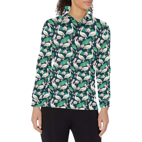 Pelican Pattern Print Design 03 Women's Long Sleeve Polo Shirt