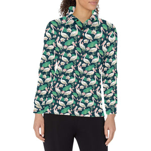 Pelican Pattern Print Design 03 Women's Long Sleeve Polo Shirt