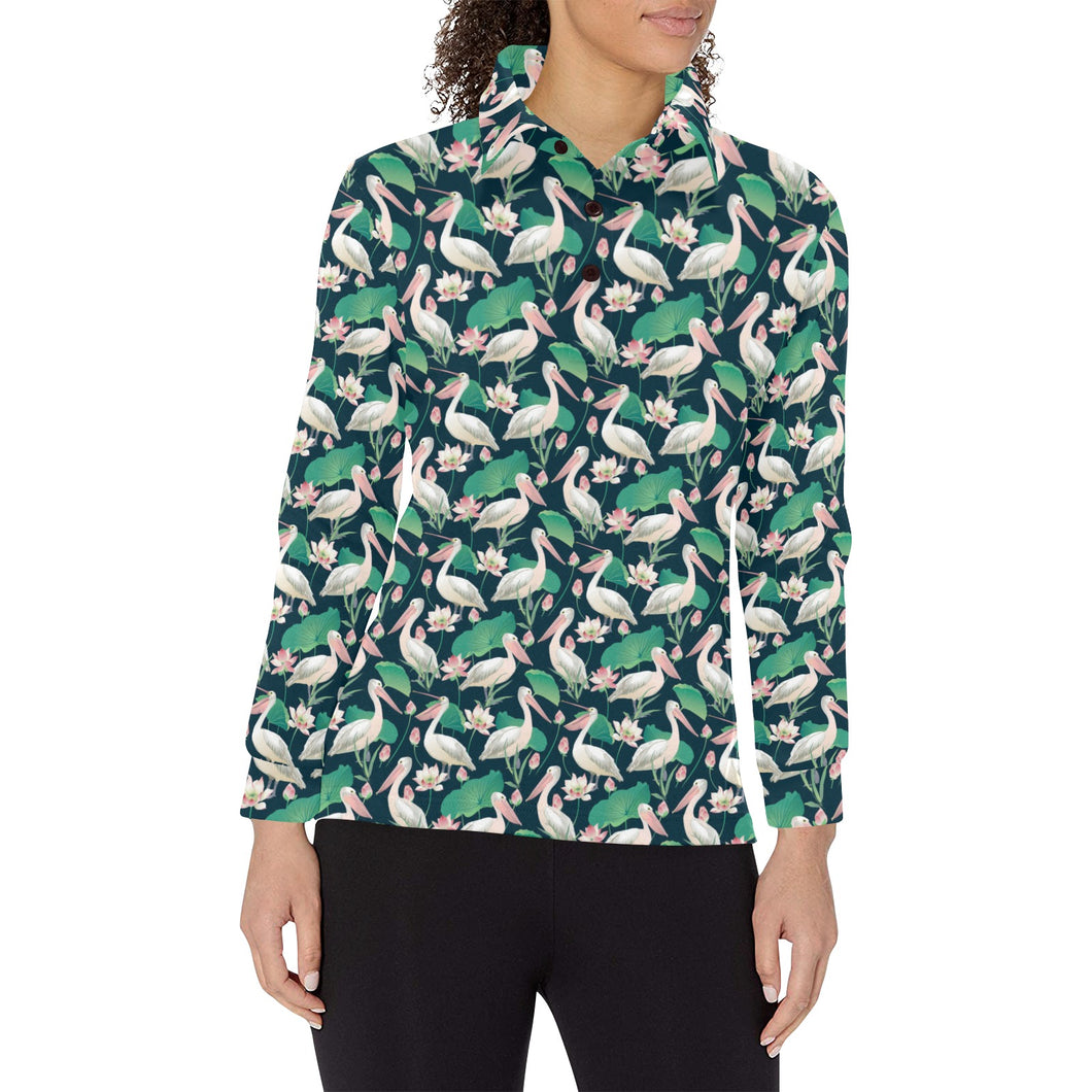 Pelican Pattern Print Design 03 Women's Long Sleeve Polo Shirt