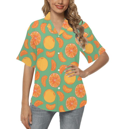 orange fruit pattern green background Women's All Over Print Hawaiian Shirt