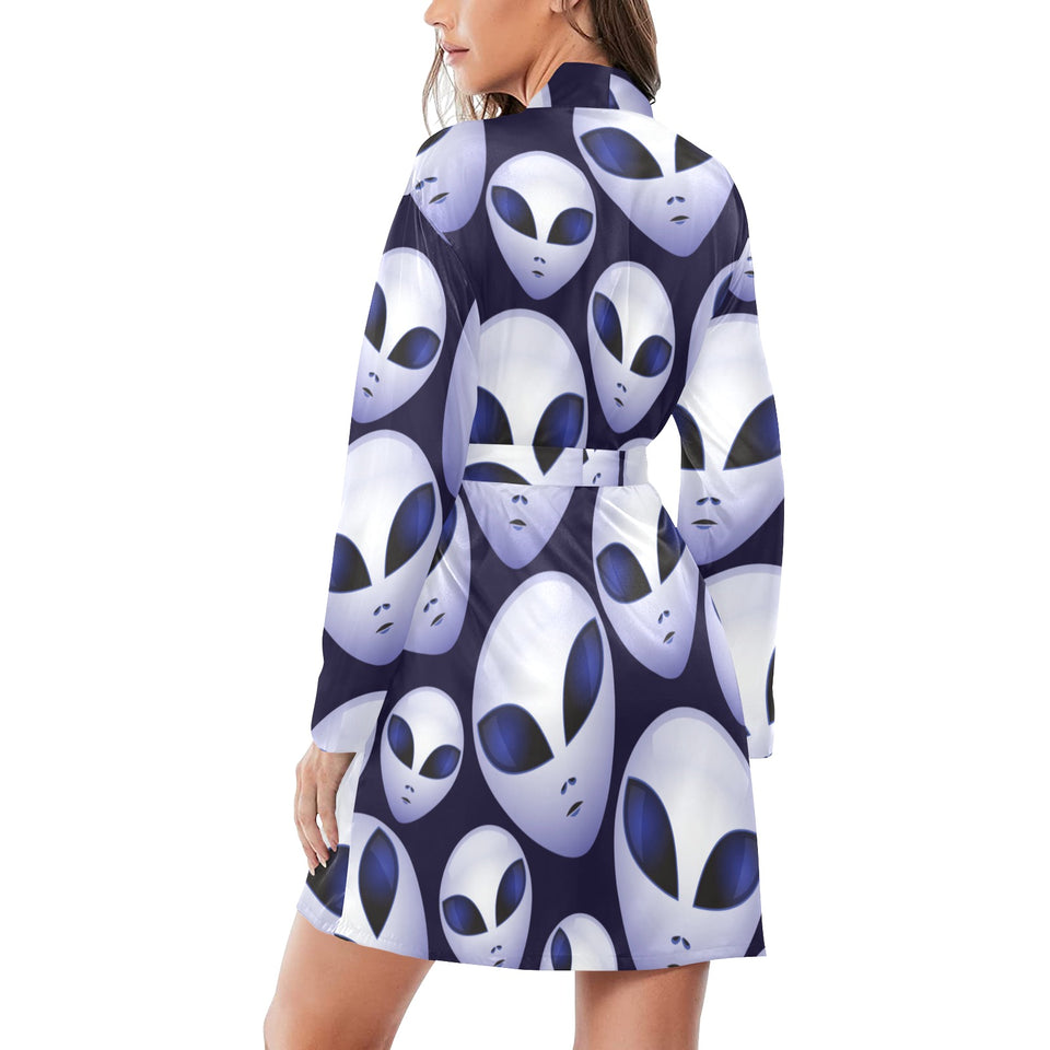 Alien Pattern Print Design 01 Women's Long Sleeve Belted Night Robe
