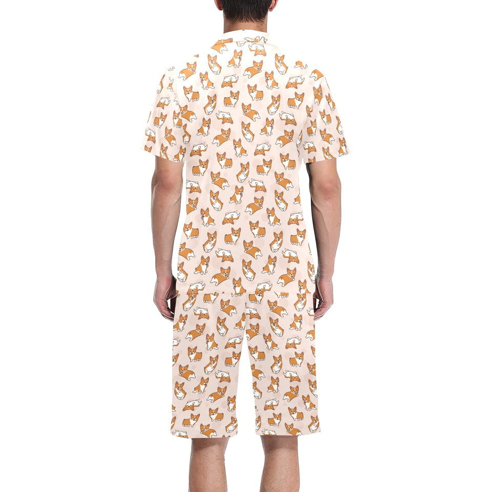 Cute Corgis Pattern pink background Men's V-Neck Short Pajama Set