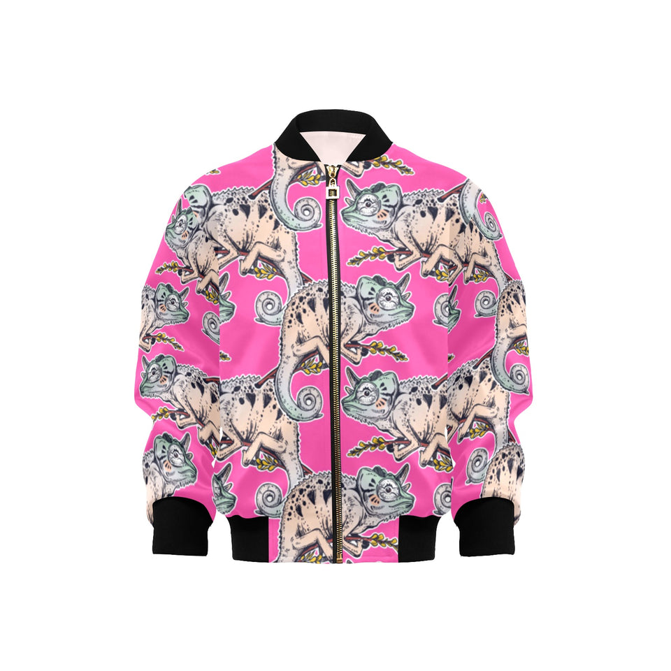 Chameleon lizard pattern pink background Kids' Boys' Girls' Bomber Jacket