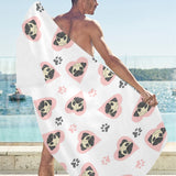 Cute pugs pink heart paw pattern Beach Towel