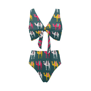 Camel pattern Chest Bowknot High Waisted Bikini Swimsuit