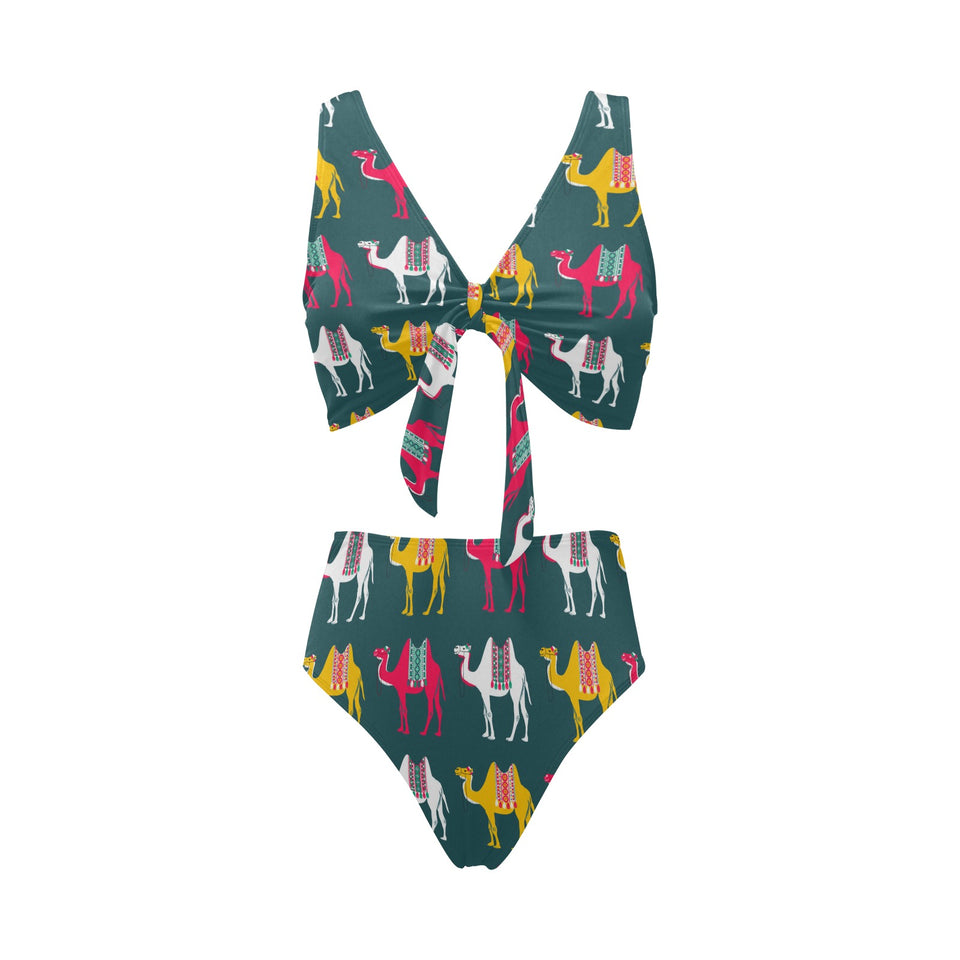 Camel pattern Chest Bowknot High Waisted Bikini Swimsuit