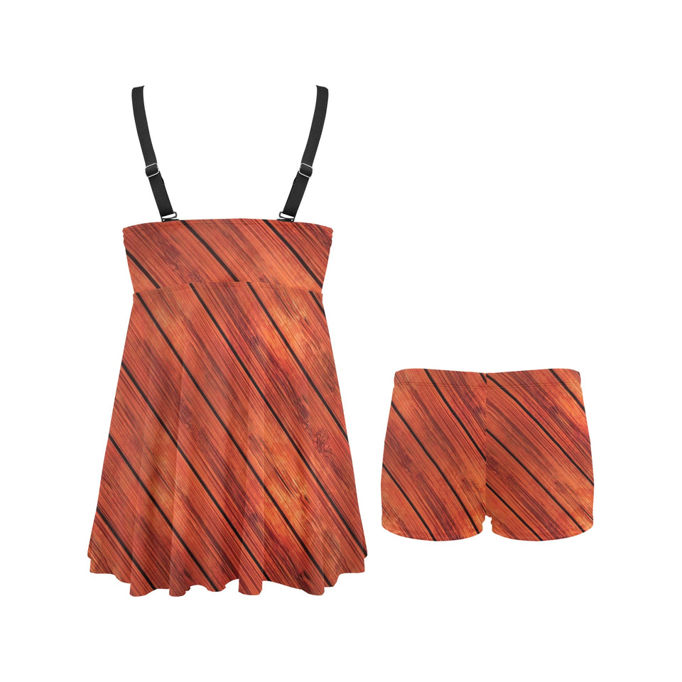 Wood Printed Pattern Print Design 03 Chest Sexy Pleated Two Piece Swim Dress