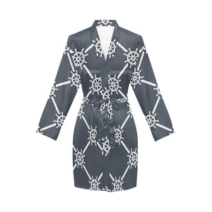 nautical steering wheel rope pattern Women's Long Sleeve Belted Night Robe