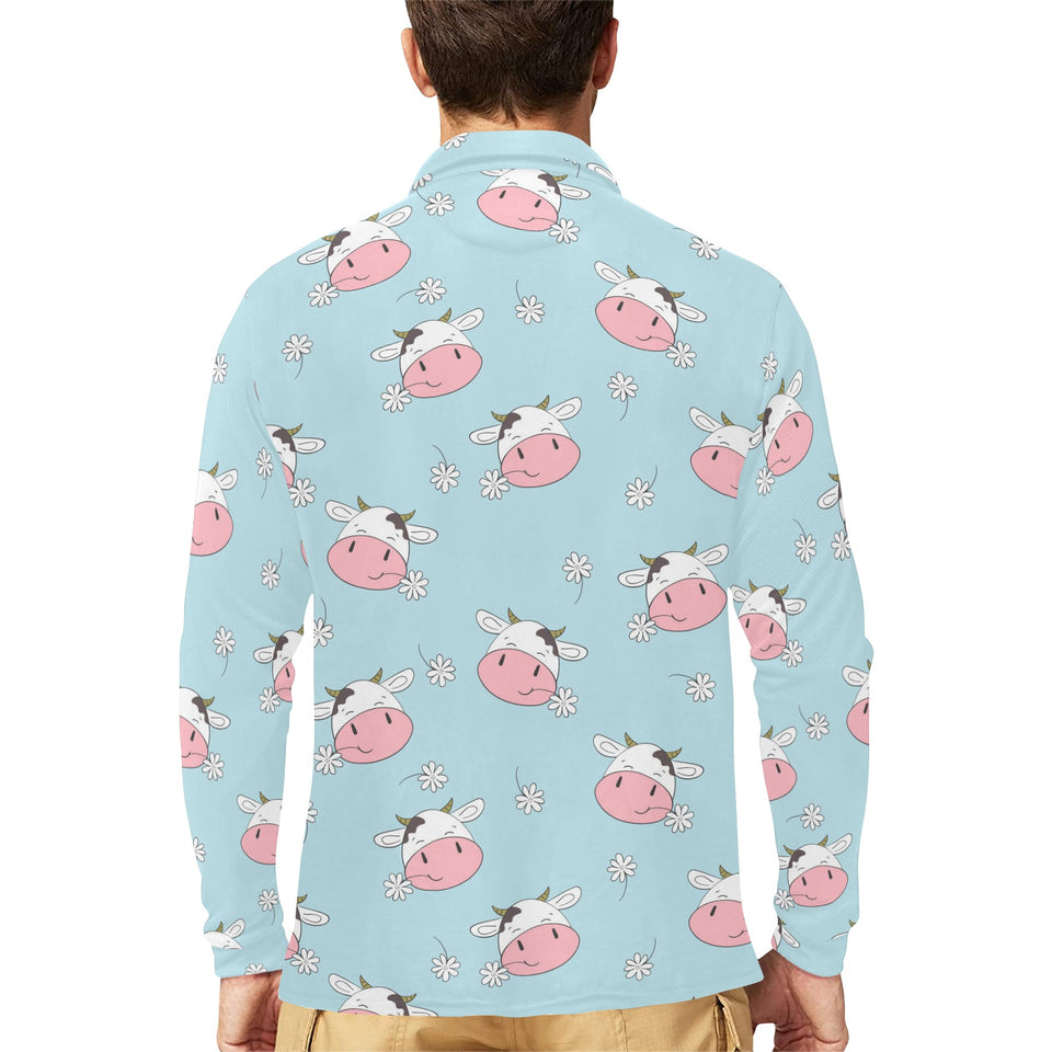 Cute cow flower pattern Men's Long Sleeve Polo Shirt