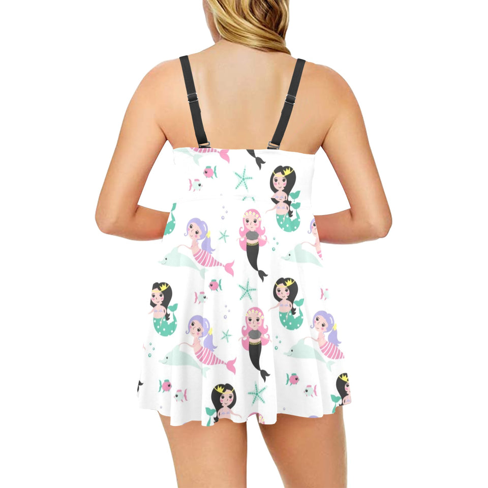 cute mermaid dolphin fish starfish pattern Chest Sexy Pleated Two Piece Swim Dress