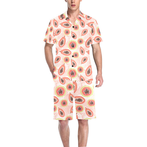 papaya leaves pattern Men's V-Neck Short Pajama Set