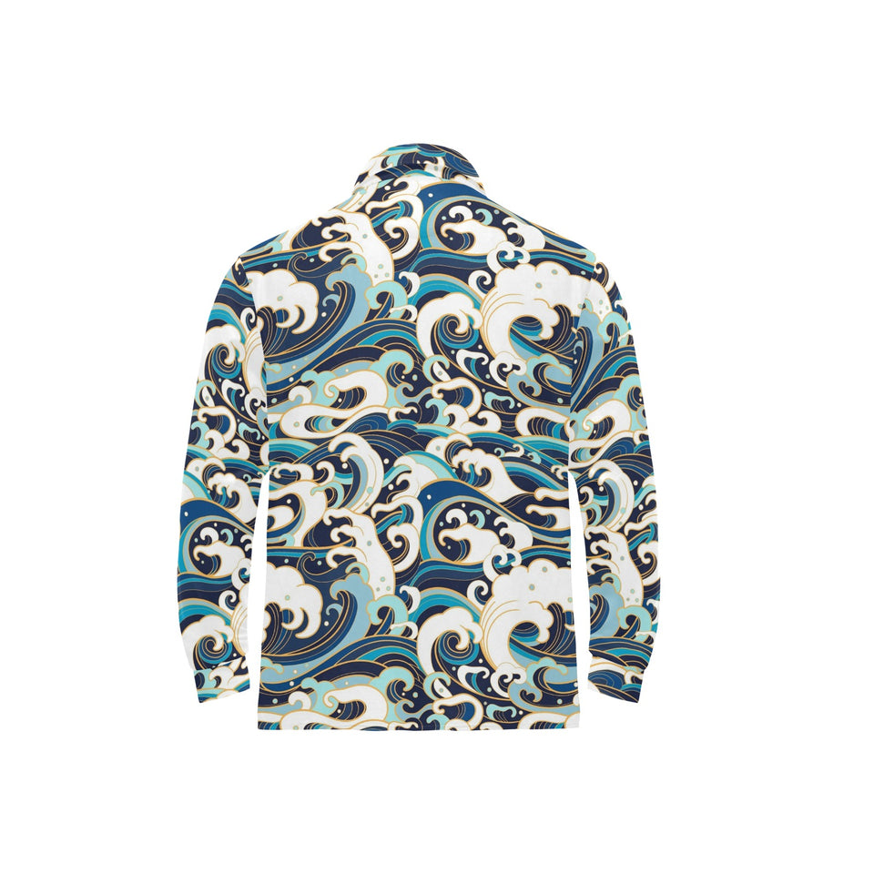 Japanese wave pattern Men's Long Sleeve Polo Shirt