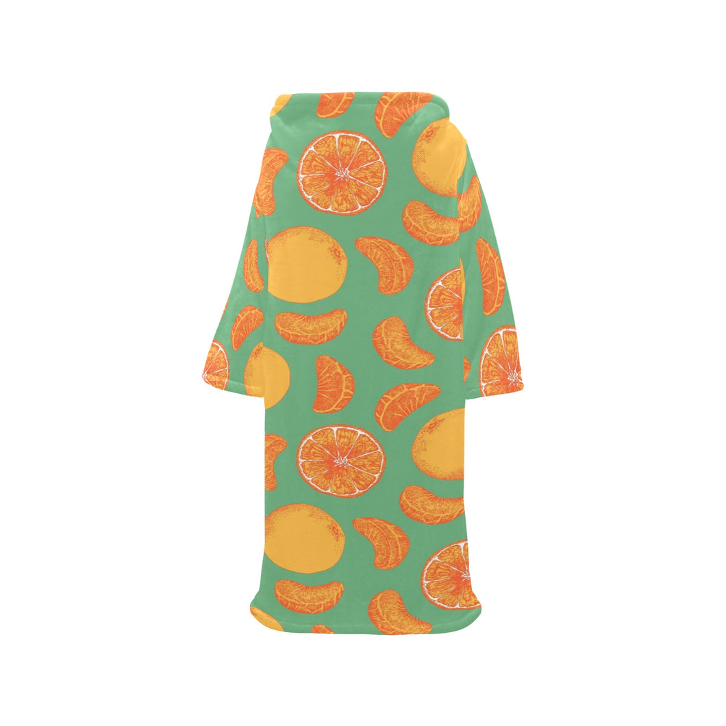 orange fruit pattern green background Blanket Robe with Sleeves