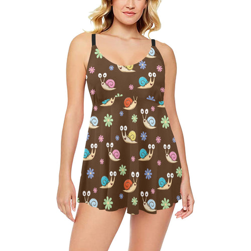 Snail Pattern Print Design 03 Chest Sexy Pleated Two Piece Swim Dress
