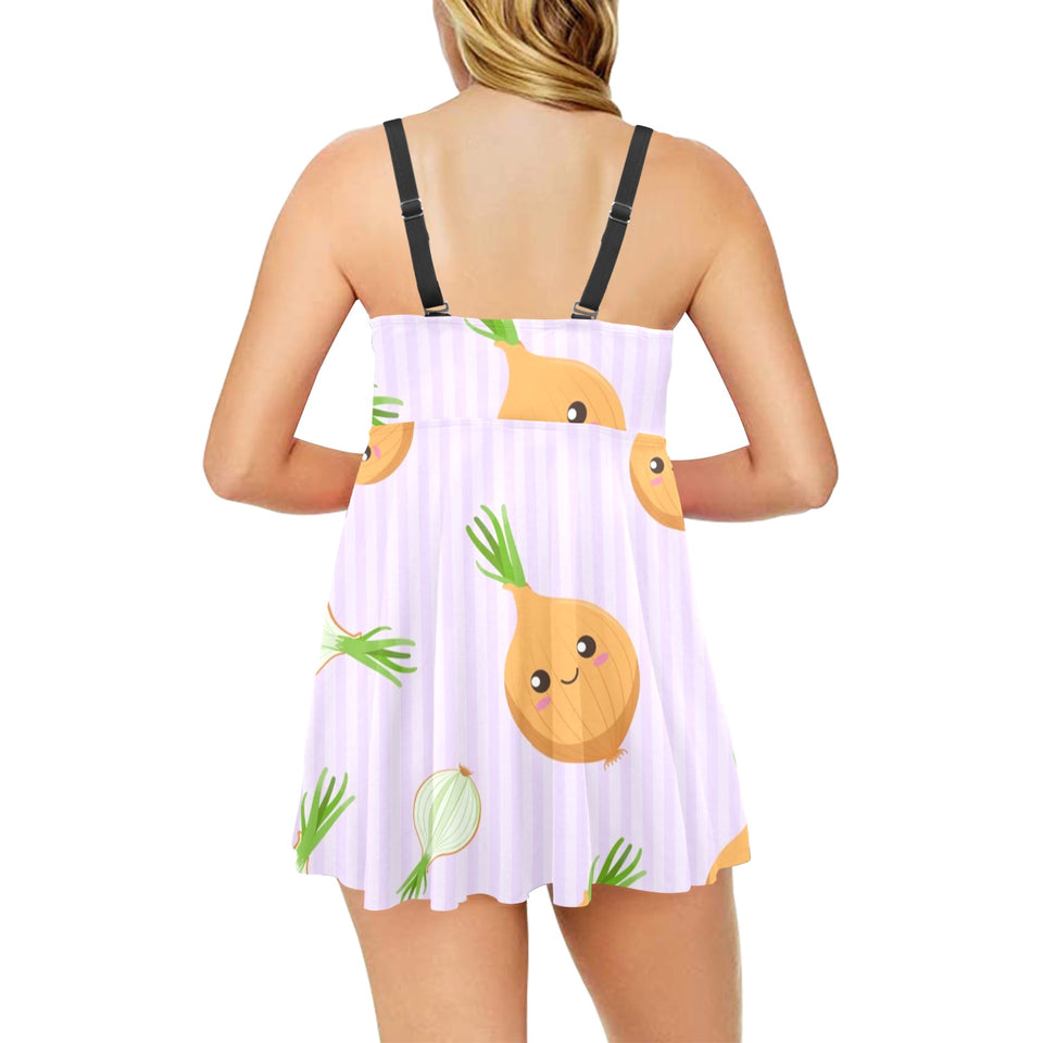 cute onions smiling faces purple background Chest Sexy Pleated Two Piece Swim Dress