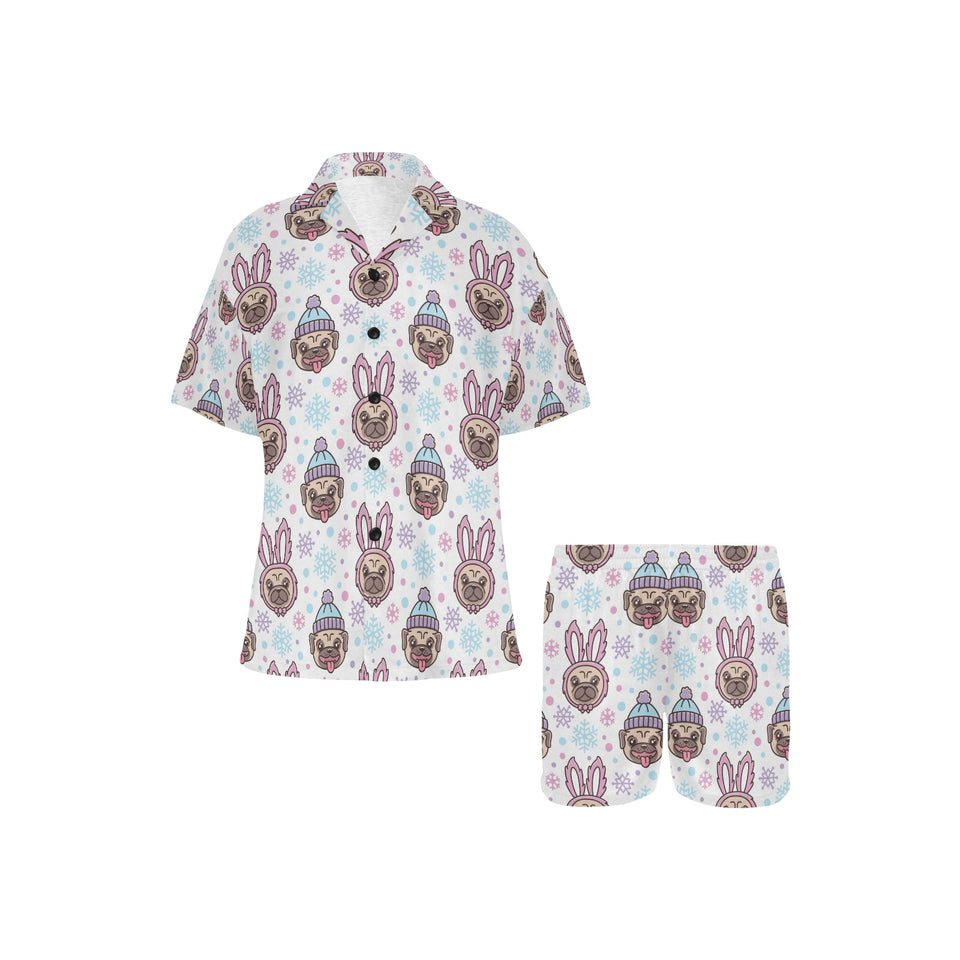 Cute pug hat rabbit costume pattern Women's V-Neck Short Pajama Set