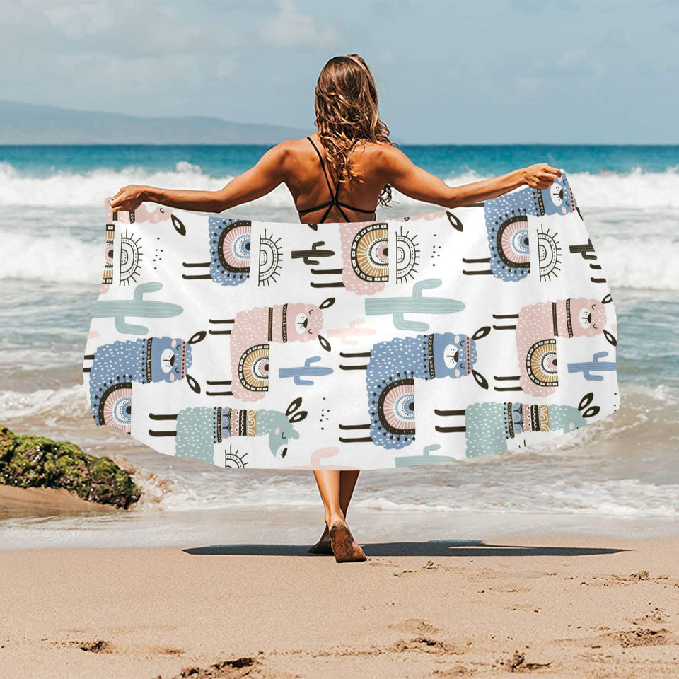 lama Alpaca cactus hand drawn pattern Beach Towel