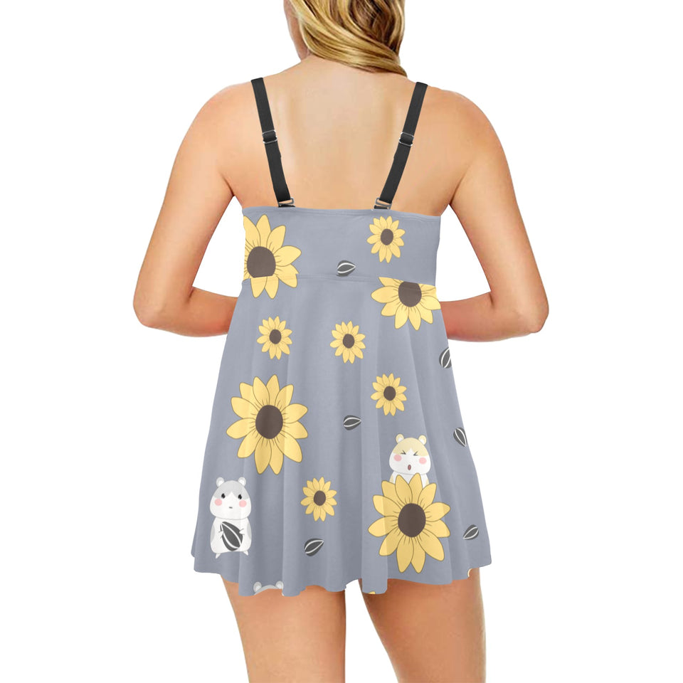 Cute hamster sunflower pattern background Chest Sexy Pleated Two Piece Swim Dress