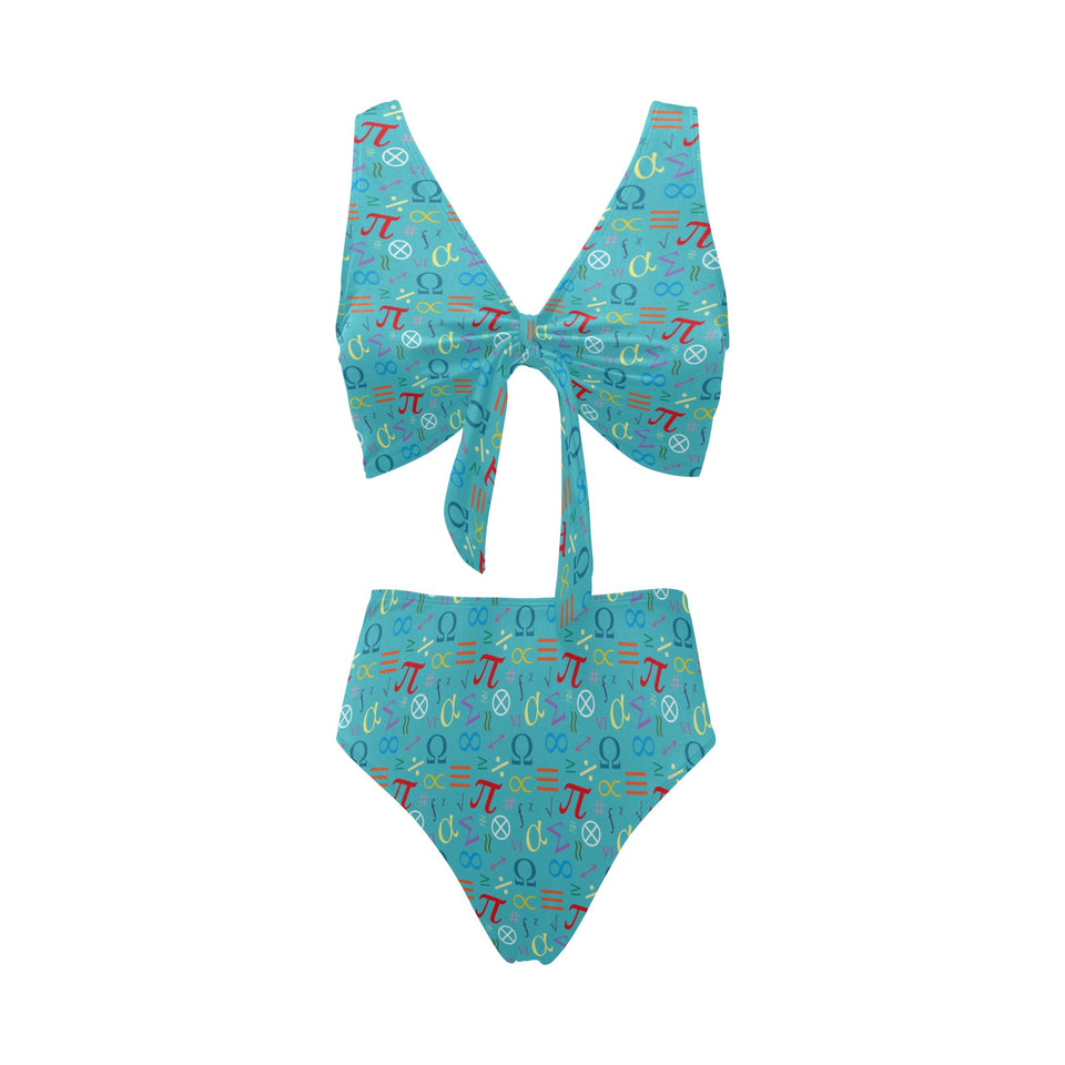Math Pattern Print Design 02 Chest Bowknot High Waisted Bikini Swimsuit