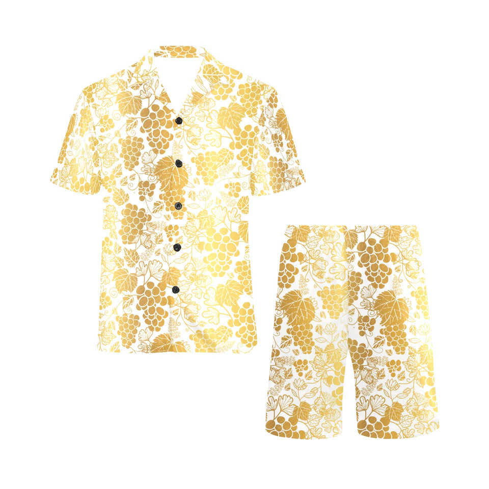 Gold grape pattern Men's V-Neck Short Pajama Set
