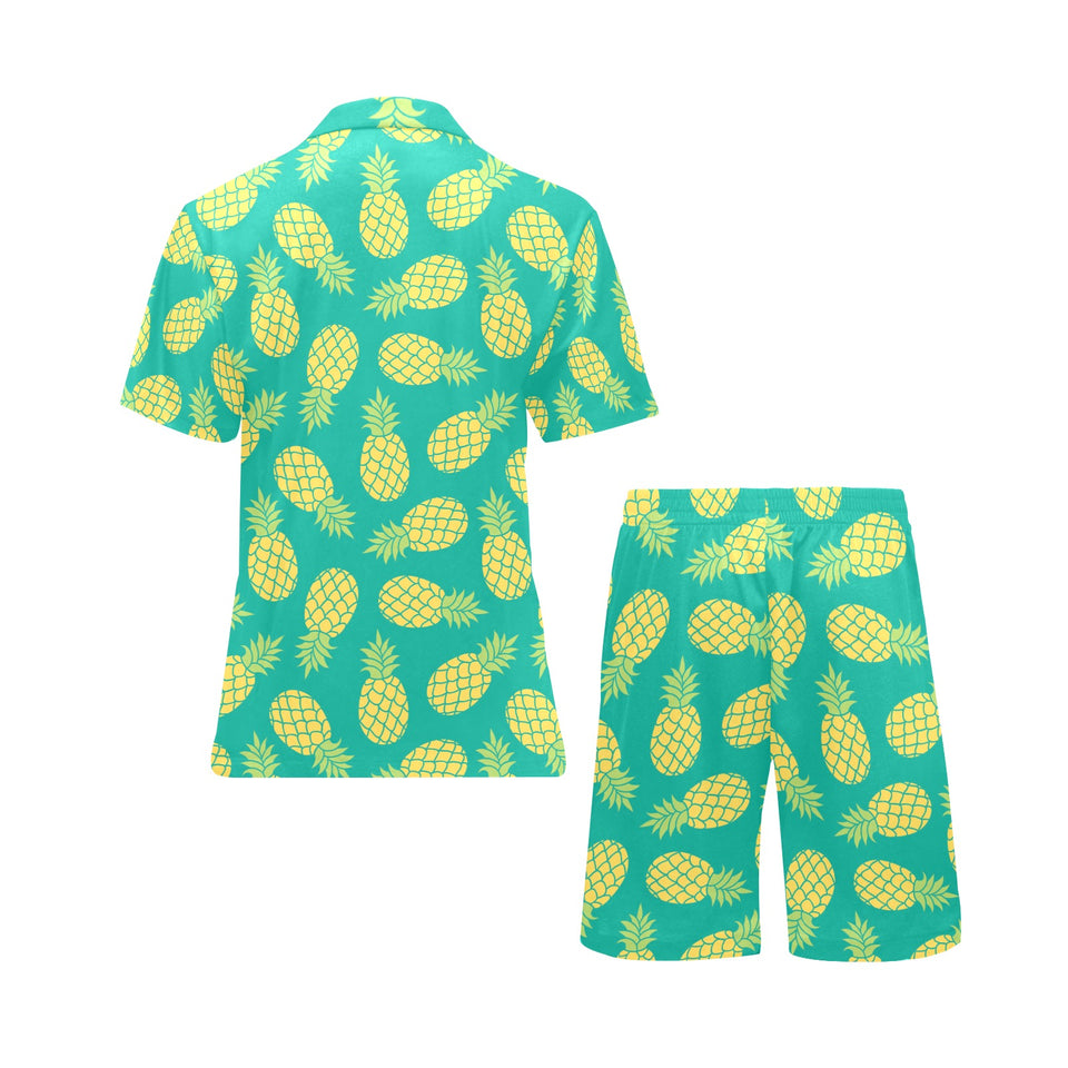 Pineapples pattern green background Men's V-Neck Short Pajama Set