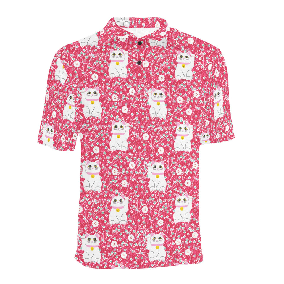 Maneki neko cat sakura pink background Men's All Over Print Polo Shirt