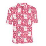 Maneki neko cat sakura pink background Men's All Over Print Polo Shirt