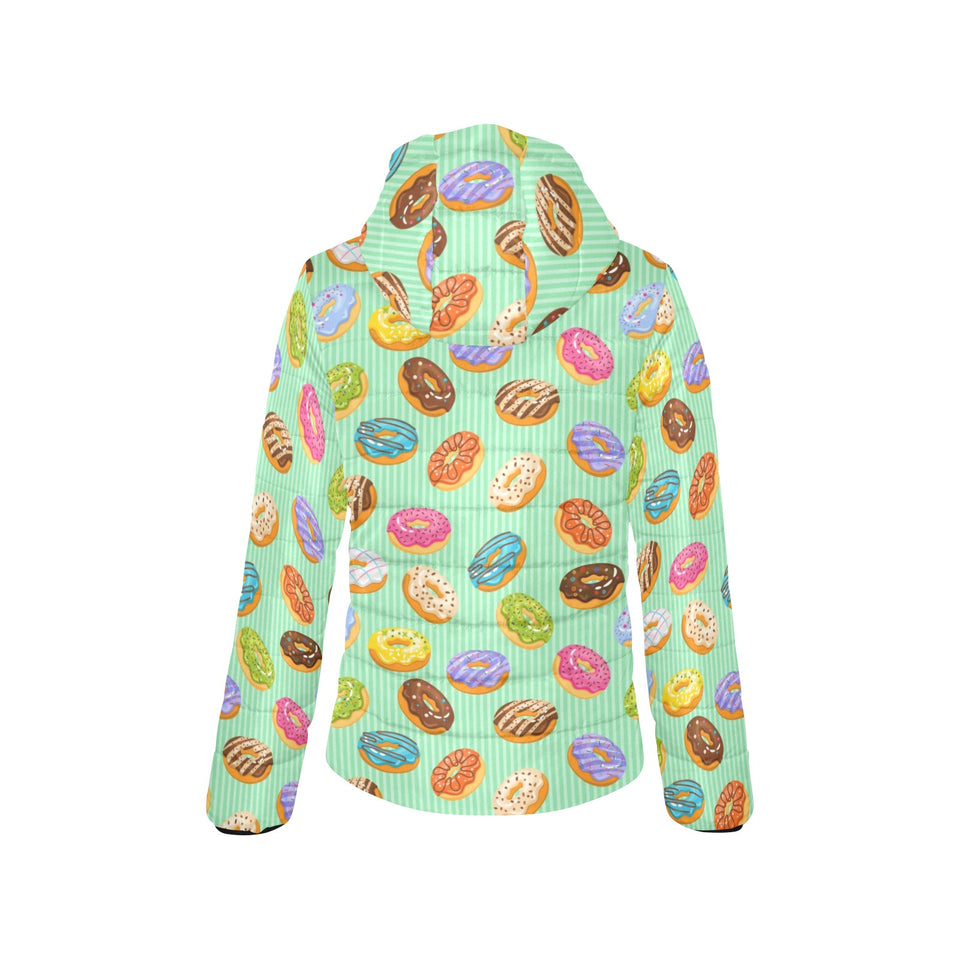 Colorful donut pattern green background Women's Padded Hooded Jacket