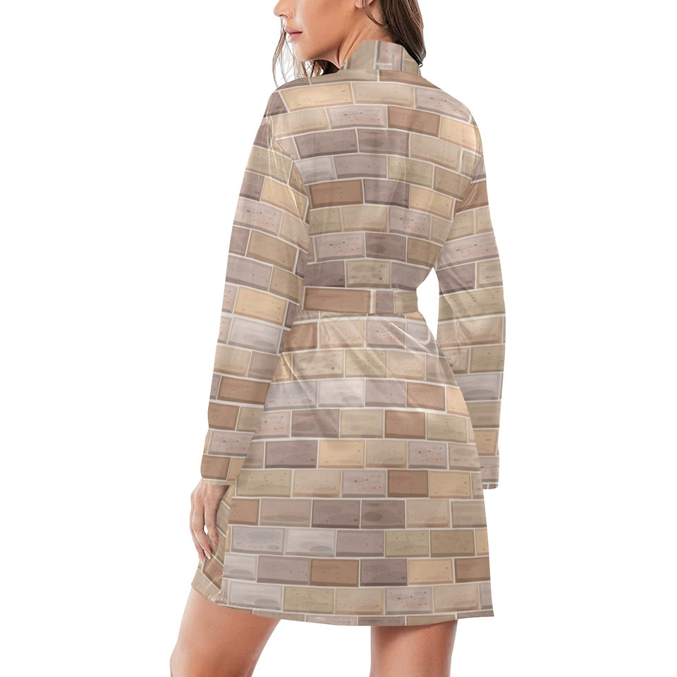 Brick Printed Pattern Print Design 01 Women's Long Sleeve Belted Night Robe