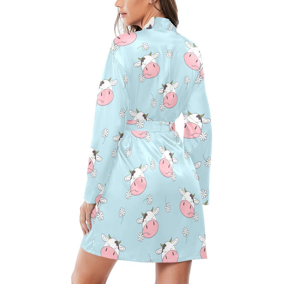 Cute cow flower pattern Women's Long Sleeve Belted Night Robe