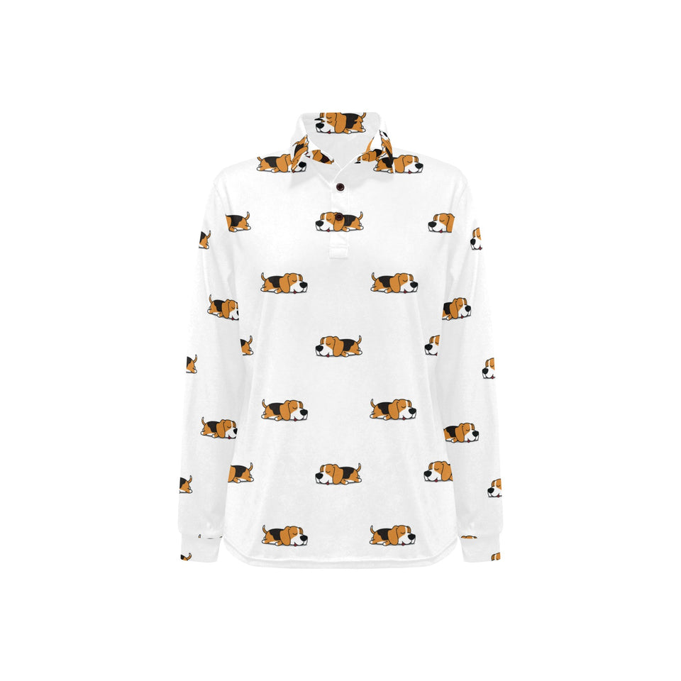 Cute beagle dog sleeping pattern Women's Long Sleeve Polo Shirt