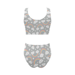 Cute rainbow clound star pattern Chest Bowknot High Waisted Bikini Swimsuit