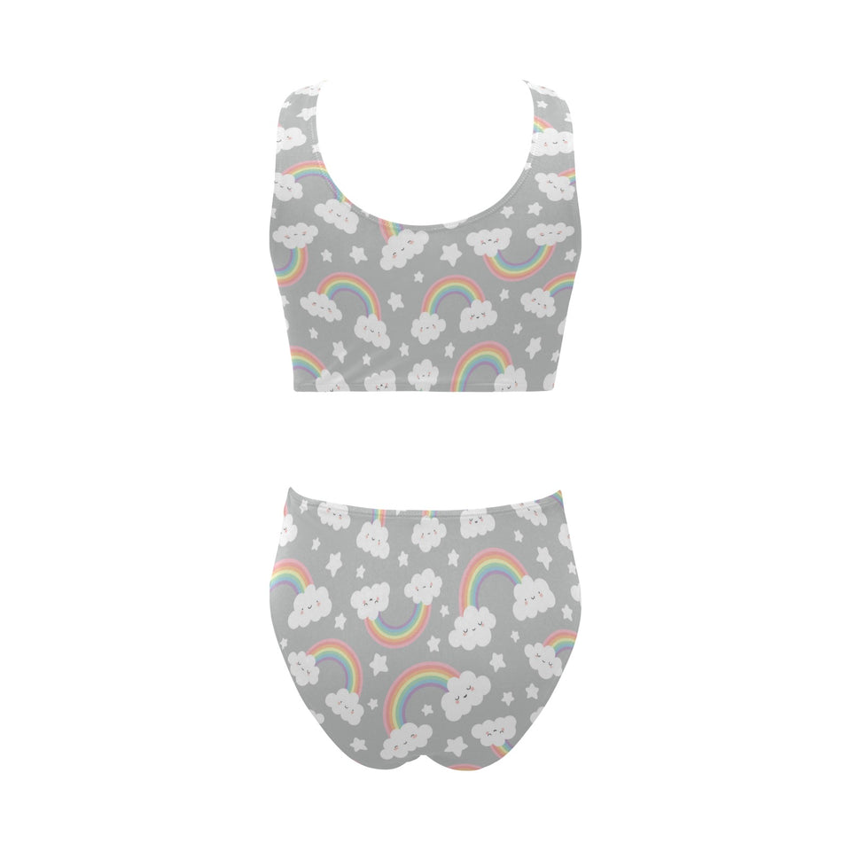 Cute rainbow clound star pattern Chest Bowknot High Waisted Bikini Swimsuit