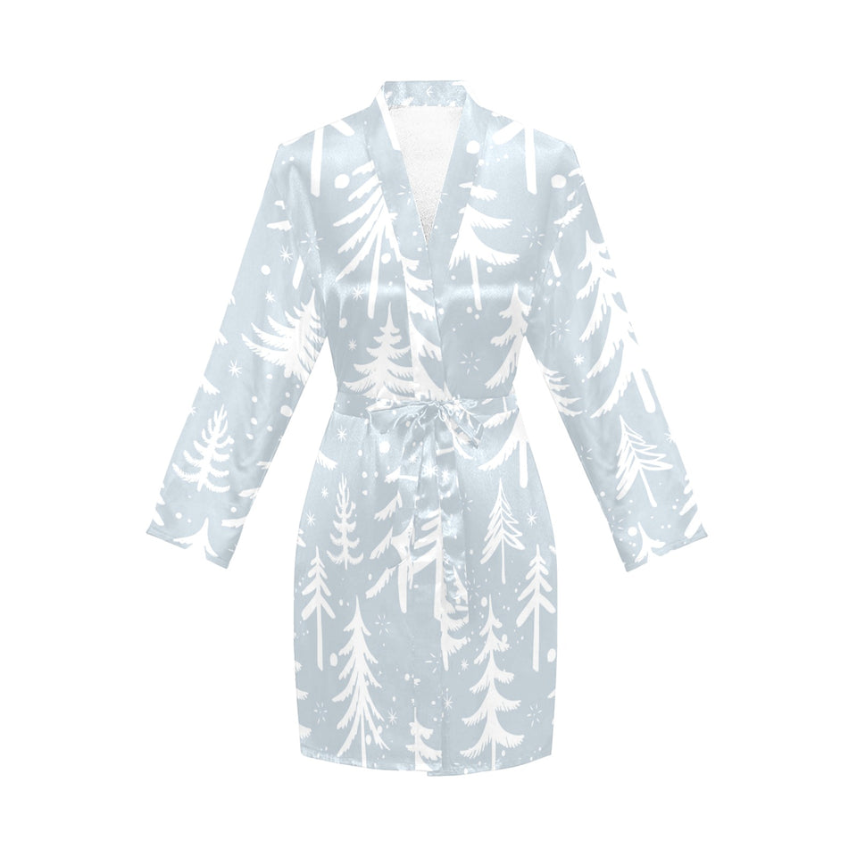 Christmas tree winter forest pattern Women's Long Sleeve Belted Night Robe