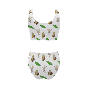 Color hand drawn cacao pattern Chest Bowknot High Waisted Bikini Swimsuit