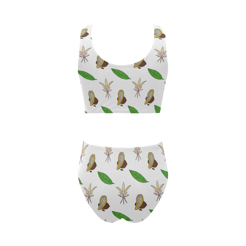 Color hand drawn cacao pattern Chest Bowknot High Waisted Bikini Swimsuit