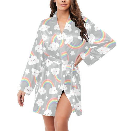 Cute rainbow clound star pattern Women's Long Sleeve Belted Night Robe