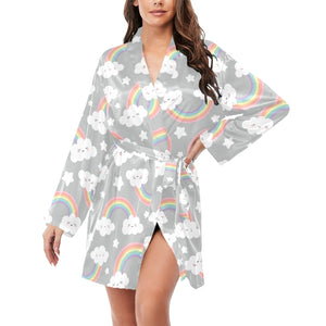 Cute rainbow clound star pattern Women's Long Sleeve Belted Night Robe