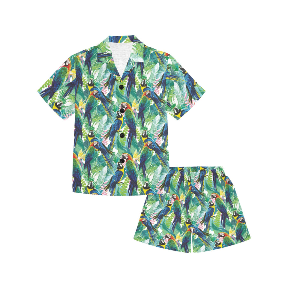 Colorful parrot exotic flower leaves Kids' Boys' Girls' V-Neck Short Pajama Set