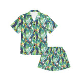 Colorful parrot exotic flower leaves Kids' Boys' Girls' V-Neck Short Pajama Set