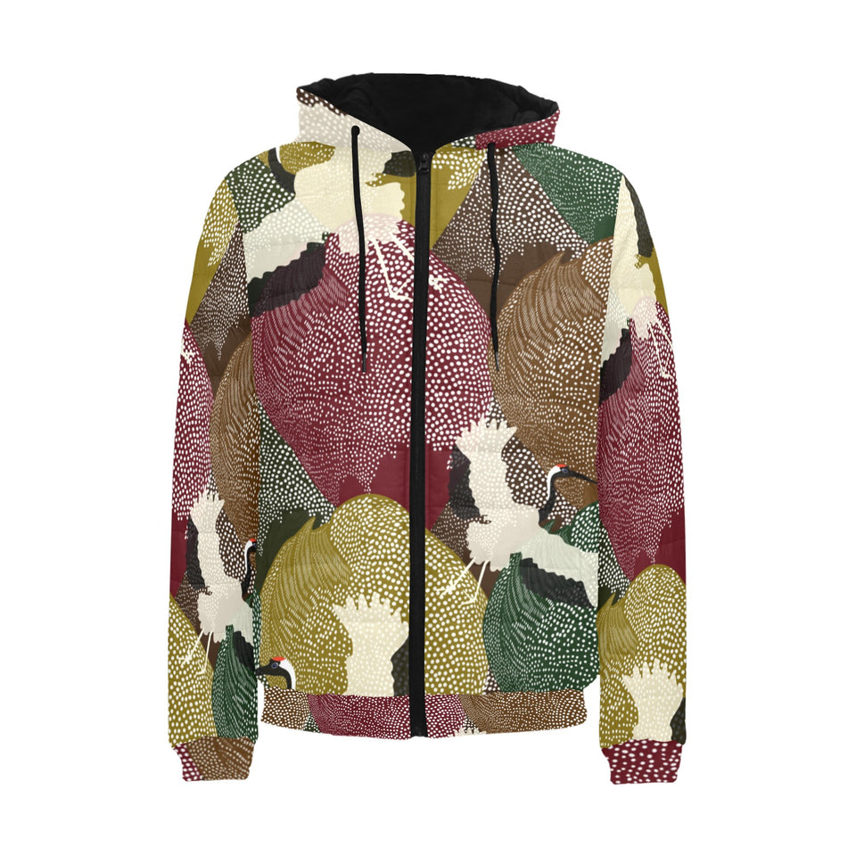 Japanese cranes flying forest dot pattern Men's Padded Hooded Jacket