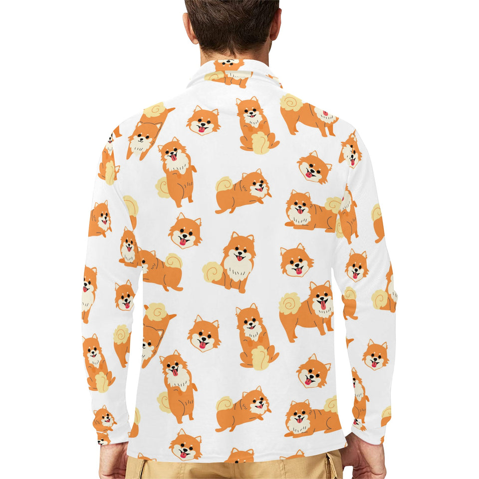 Brown pomeranian pattern Men's Long Sleeve Polo Shirt