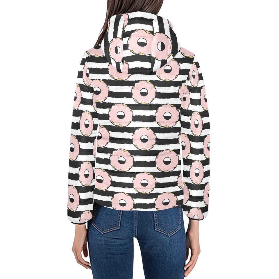 Donuts pink icing striped pattern Women's Padded Hooded Jacket