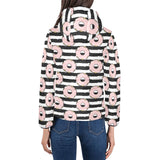 Donuts pink icing striped pattern Women's Padded Hooded Jacket