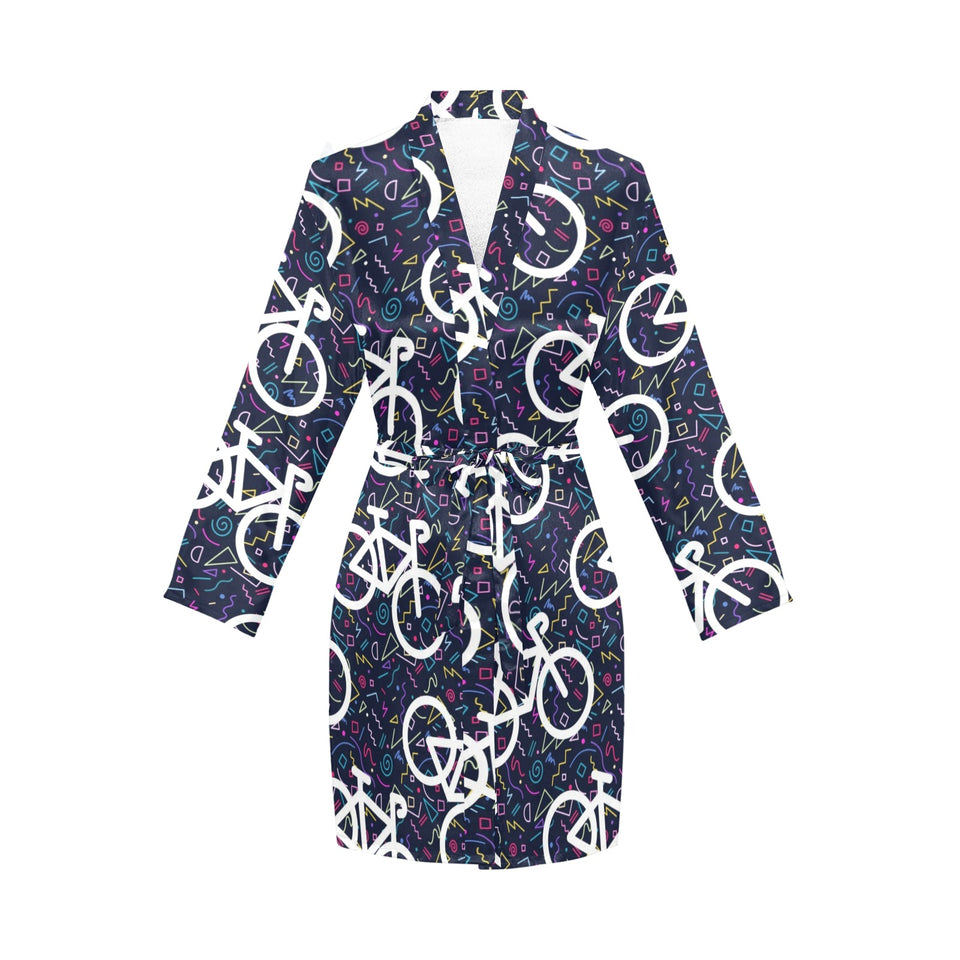 Bicycle Pattern Print Design 03 Women's Long Sleeve Belted Night Robe
