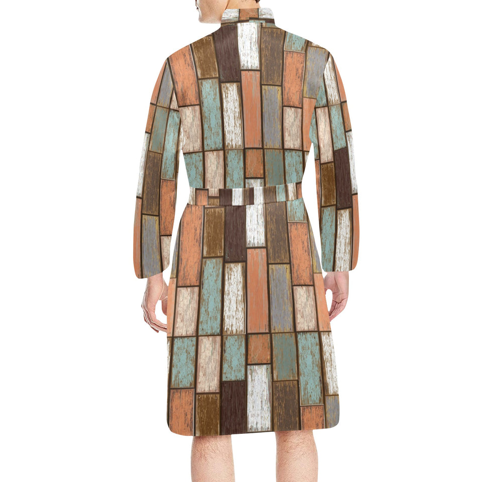 Wood Printed Pattern Print Design 02 Men's Long Sleeve Belted Night Robe
