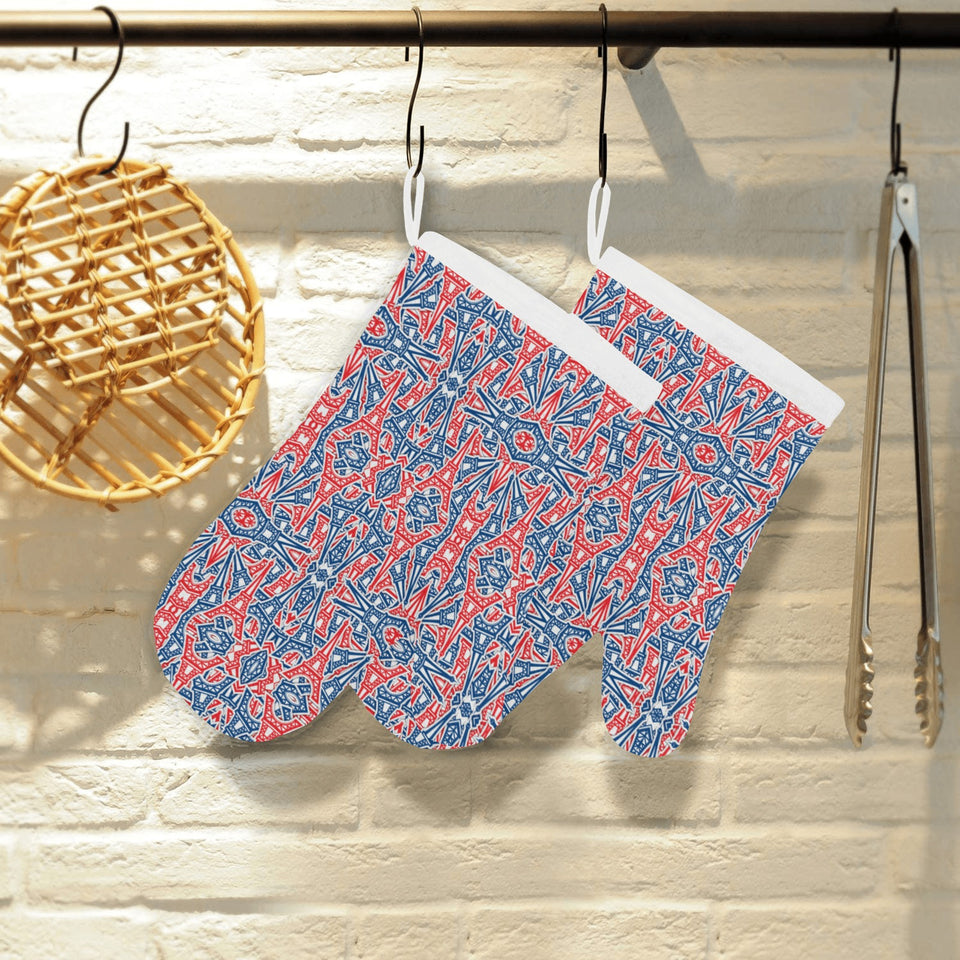 Blue Red Eiffel Tower Pattern Print Design 02 Heat Resistant Oven Mitts