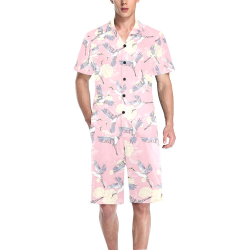 Japanese crane rose pattern Men's V-Neck Short Pajama Set
